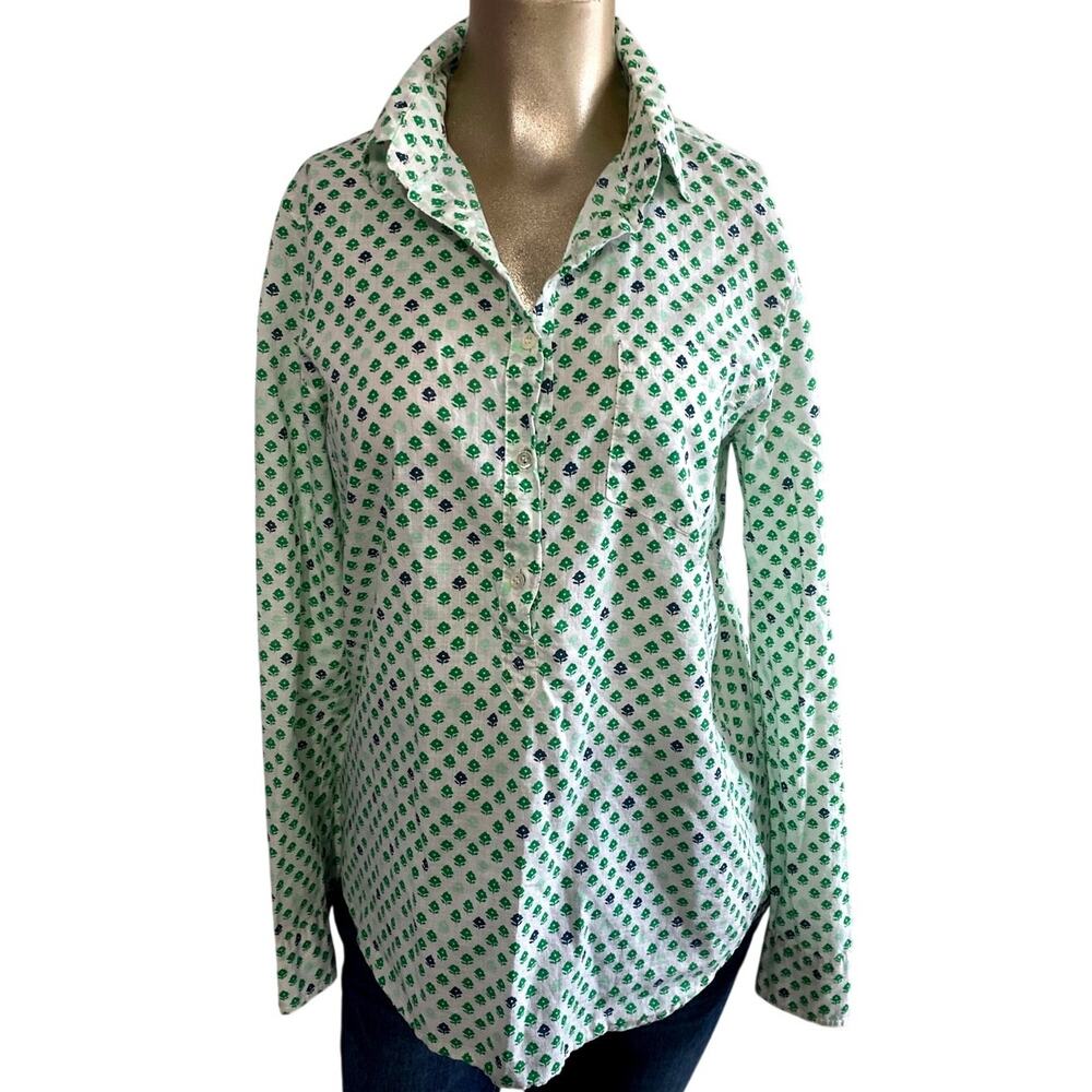 J.CREW Womens Size 6 Green Floral Block Print Cotton Popover Shirt Blouse Top
